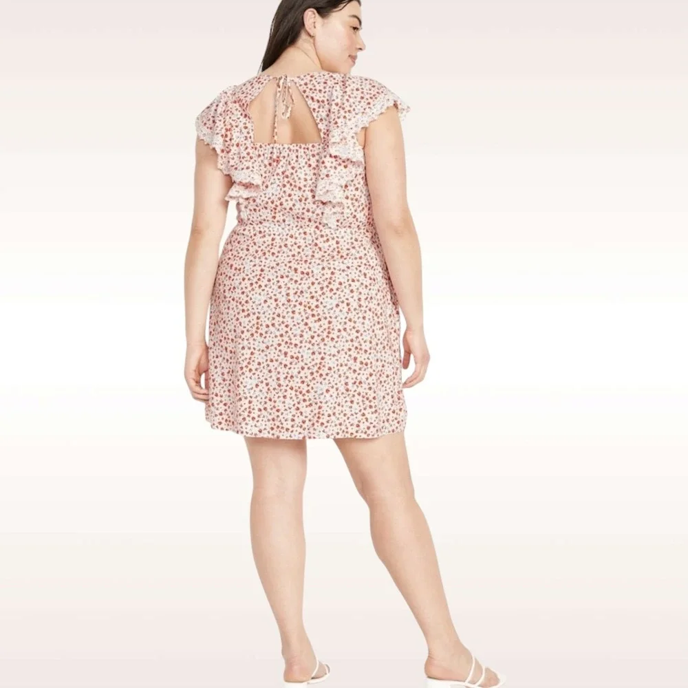Old Navy Mini Dress Women 4X Waist-Defined Floral Ruffle Flutter Sleeve Tie Back - Picture 6 of 7